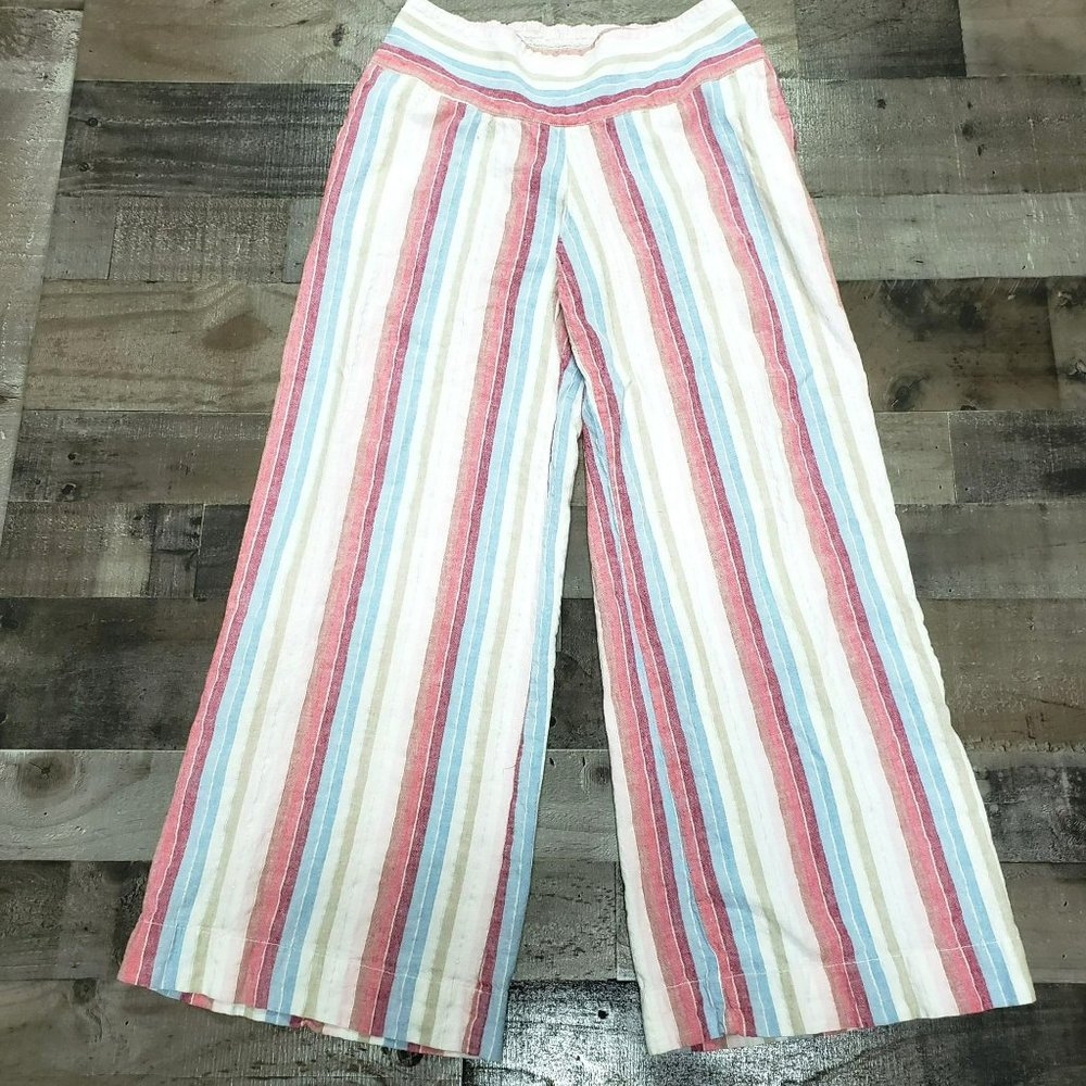 Cato Wide Leg Striped Linen-Blend Pants in White, Red, Blue, Tan